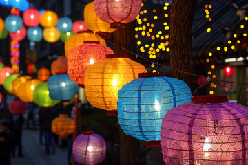 Fototapeta premium Beautiful holiday composition for happy celebrate chinese festival of lanterns, abstract vivid composition consists of fictional unreal fantastic vision on background