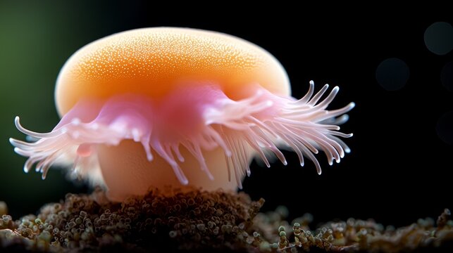  a pink sea anemone on a rock in the ocean, with a blurred background The sea anemon is a type of jellyfish, with its tentacles spread out in a star-like shape Its