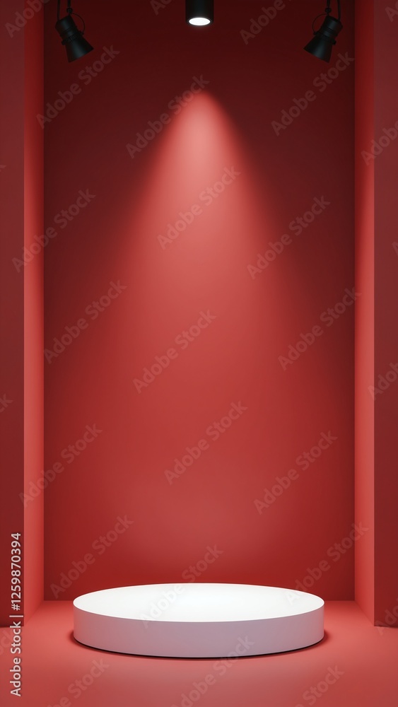 Aufkleber Pedestal of platform display with modern stand podium on red room background. Blank Exhibition stage backdrop or empty product shelf. 3D rendering