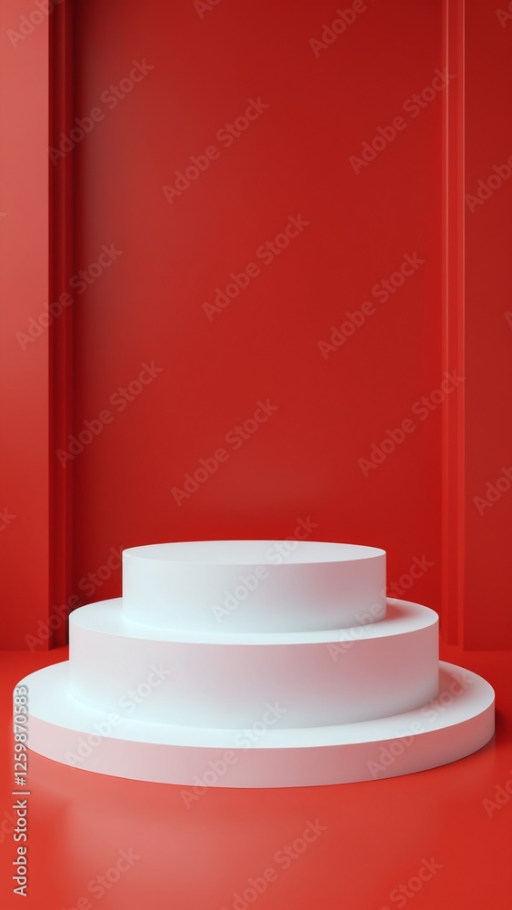 Aufkleber Pedestal of platform display with modern stand podium on red room background. Blank Exhibition stage backdrop or empty product shelf. 3D rendering