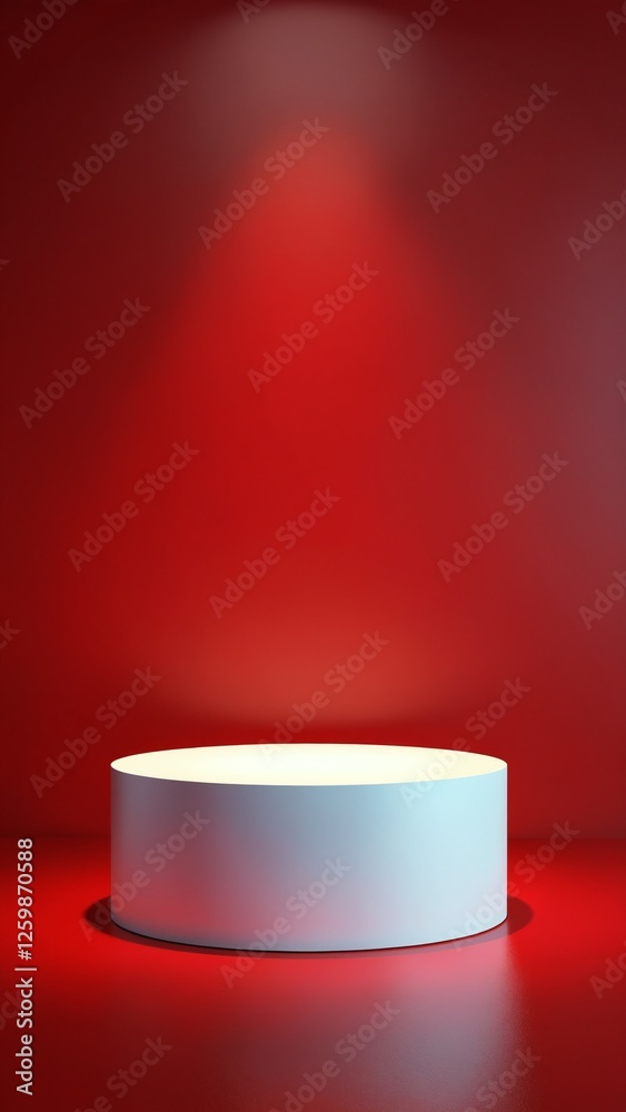 Aufkleber Pedestal of platform display with modern stand podium on red room background. Blank Exhibition stage backdrop or empty product shelf. 3D rendering
