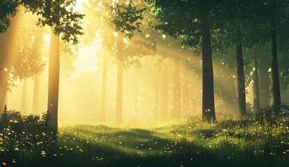 Sunbeams in a mystical forest pathway
