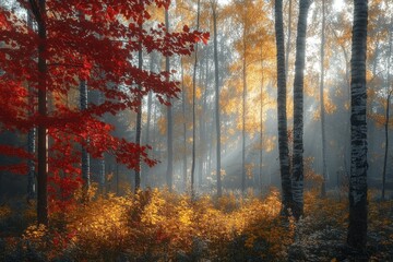 Fototapeta premium Autumn forest sunrise, misty path