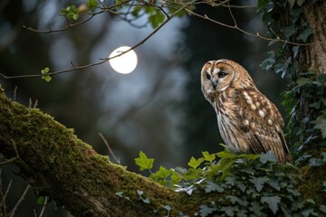 The tawny owl's feathers glisten in the moonlight as it blends into the surrounding foliage, foliage, nocturnal creature, tawny owl, camouflage