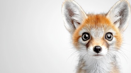  a close up of a red fox looking at the camera with a white background Its fur is a mix of brown and white, and its eyes are bright and alert