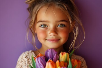 The small child's face lights up with a joyful smile as she holds a colorful arrangement of tulips in front of a deep purple background