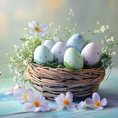 Easter Basket of Delight: A whimsical arrangement of speckled Easter eggs nestled within a woven basket, surrounded by delicate white flowers. It's a celebration of spring and new beginnings.