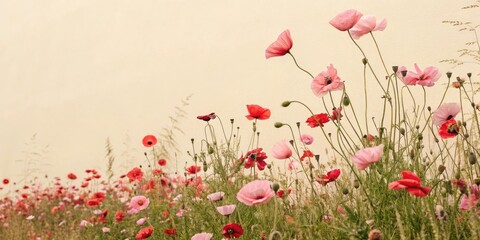 Tiny pink and red flowers blend into one large bloom against a cream background, flowers, nature