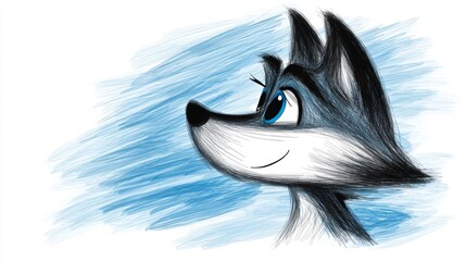  a drawing of a wolf with blue eyes against a white background The wolf has a black and white coat with a hint of grey, and its eyes are a bright blue Its ears are