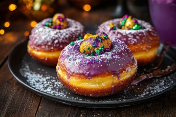 The Mardi Gras celebration is marked by the serving of festive drinks and donuts with colorful sprinkles