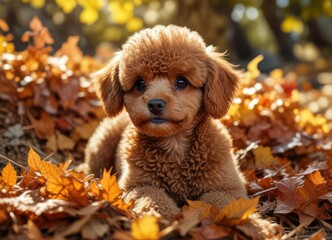 Toy poodle curled up on a pile of dry leaves in a sunny spot, sunbeam, fall colors
