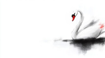 Fototapeta premium a white swan with a red beak swimming in the water against a white background The swan is painted in black and white, creating a striking contrast against the whit