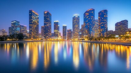 Obraz premium Reflections of a modern cityscape at dusk with lights shimmering in calm waters