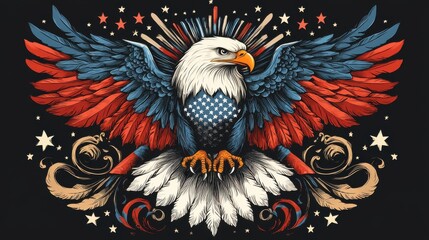 Fototapeta premium Majestic Bald Eagle Soaring with Outstretched Wings Amidst Stars and Cosmic Backdrop