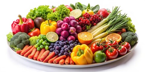Fresh mixed fruit and vegetable platter arranged on a white background, showcasing an assortment of colorful produce in perfect harmony, food arrangement, still life
