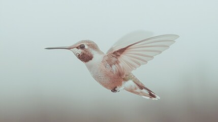 Fototapeta premium Photograph of a hummingbird in mid-flight. the bird is facing towards the right side of the image, with its wings spread wide.