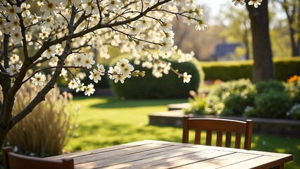 Naklejka premium Spring Table With Trees In Blooming And Defocused Sunny Garden In Background