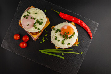 Delicious brunch with toasted bread, eggs, and fresh toppings on black slate