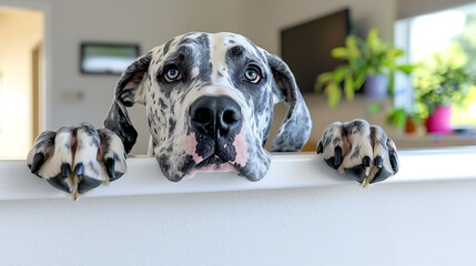 A dog is looking at the camera with its paws on a counter. generated using AI