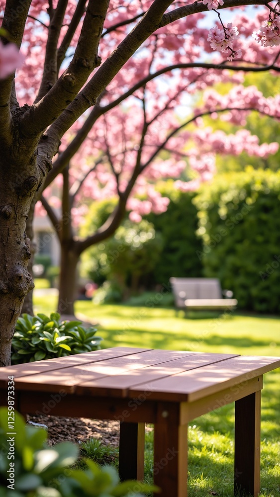 Poster Spring Table With Trees In Blooming And Defocused Sunny Garden In Background