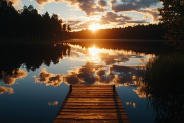 Serene sunset over a lake reflecting clouds, viewed from a wooden dock