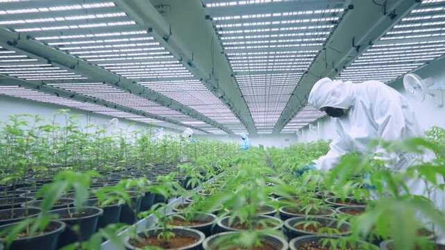 Scientists farming workers working along cannabis farm aisles checking plantation leaf quality, cannabis growing room, marijuana production industry, cbd thc research, alternative medicinal farming