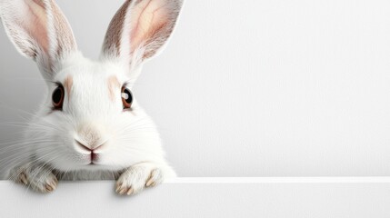 Obraz premium a white rabbit peeking over a blank sign, with its ears perked up and its eyes wide open Its fur is soft and fluffy, and its ears are long and floppy Its paws are