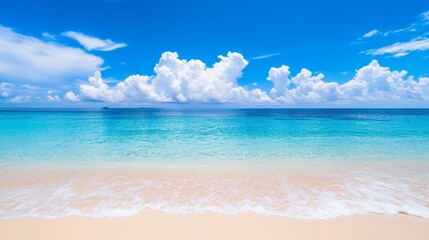 Fototapeta premium Serene Tropical Beach Scene Azure Ocean White Sand Fluffy Clouds