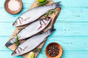 Raw sea bass fish photography . Top view