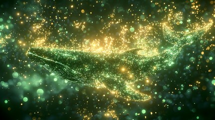 Magical Sparkling Whale Glowing Green and Gold Celestial Whale Illustration