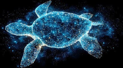 Abstract Digital Sea Turtle Glowing Constellation Network Technology Wildlife