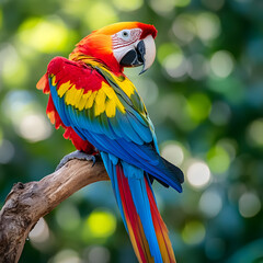 Obraz premium Scarlet Macaw in the wild: This vibrant scarlet macaw, adorned with brilliant red, blue, and yellow plumage, perches majestically on a branch, showcasing the natural beauty of the wild.