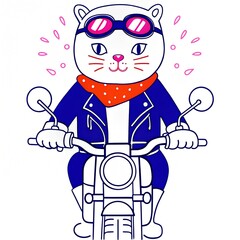 a digital illustration of  a cat riding motorcycle