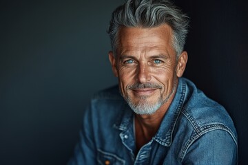 Obraz premium Against a solid gray background, a man with a gentle smile and hair streaked with gray poses in a denim shirt, embodying warmth and a welcoming demeanor in a serene atmosphere