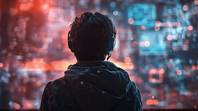 Future Gaze: A person stands in awe before a mesmerizing display of data, information, and a futuristic interface, representing the evolving world of technology and innovation.