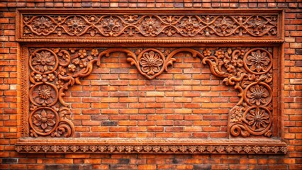 Obraz premium Red brick wall with intricate carvings and ornate details