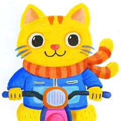 a digital illustration of  a cat riding motorcycle