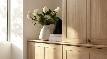 Sunlit Hydrangeas and Minimalist Oak Cabinetry: A Study in Serenity