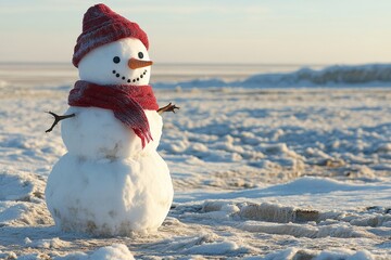 Obraz premium A cheerful snowman, dressed in a red scarf and hat, is seen standing in a snowy setting as snow falls gently around it during winter