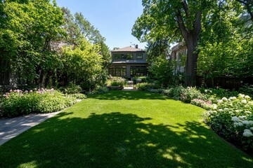 Backyard, grass lawn in sun. Home in back.  Perfect lawn for family, events