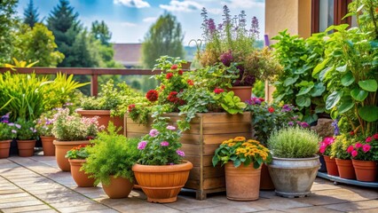 Fototapeta premium Container Garden on Patio, container gardens, plants in pots, outdoor decor, garden design, patio furniture