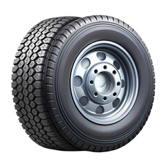 Fototapeta premium Closeup view of a durable truck tire with a silver rim on 3d duty road on transparent background