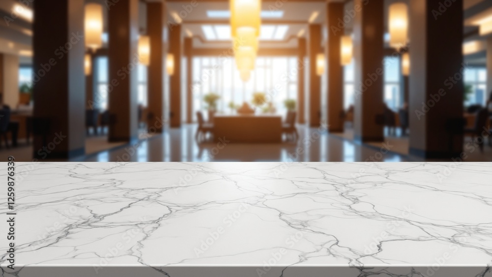 Poster white stone marble table top and blurred abstract background from interior building banner backgroun