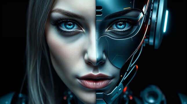 Close up woman face , half face side is human and another side is cyborg.