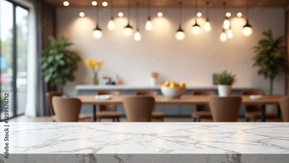 Poster white stone marble table top and blurred abstract background from interior building banner backgroun
