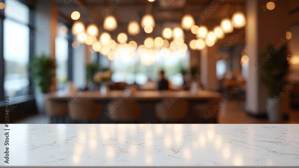 Poster white stone marble table top and blurred abstract background from interior building banner backgroun
