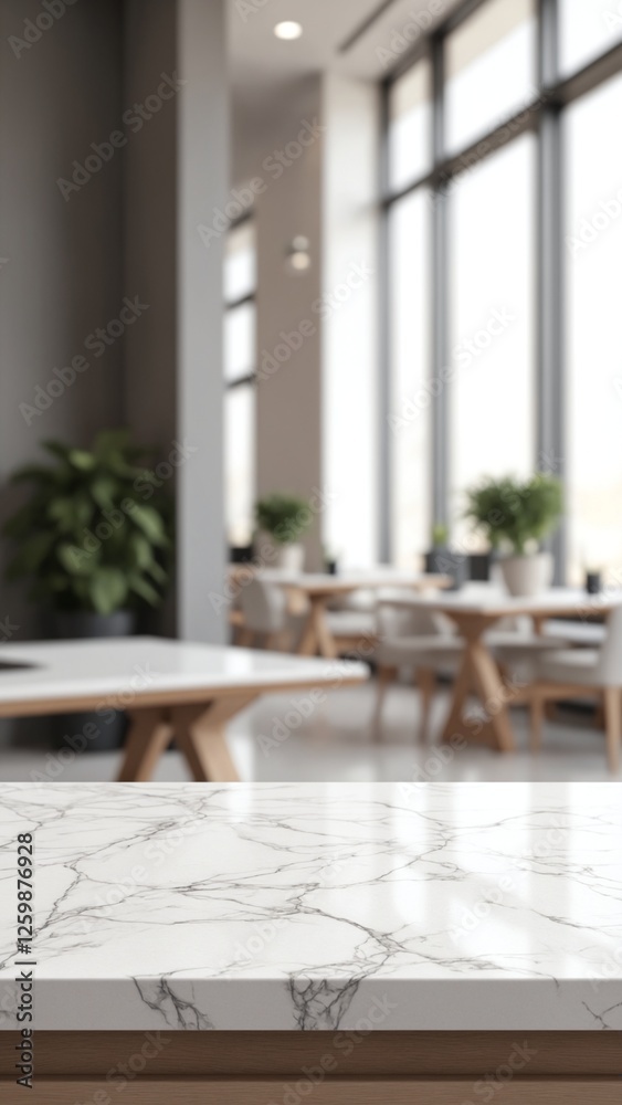 Poster white stone marble table top and blurred abstract background from interior building banner backgroun