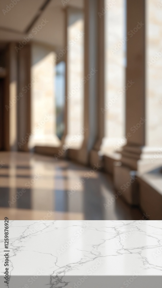 Poster white stone marble table top and blurred abstract background from interior building banner backgroun