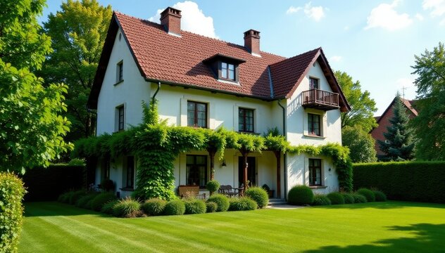 Altes Haus mit reichlich Fenstern und Hortensien, garten, fenster, gr?n