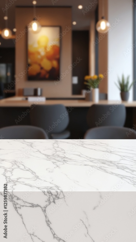 Poster white stone marble table top and blurred abstract background from interior building banner backgroun